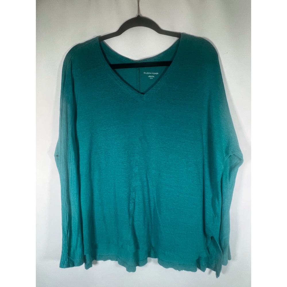 Eileen Fisher Womens Medium Teal Green 100% Organic Linen V-Neck Long Sleeve Top